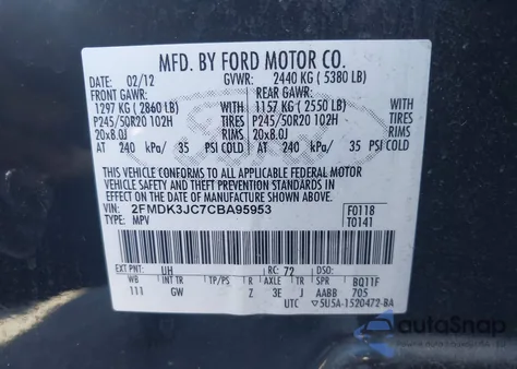 2012 Ford Edge Sel из США, поврежденный, VIN 2FMDK3JC7CBA95953